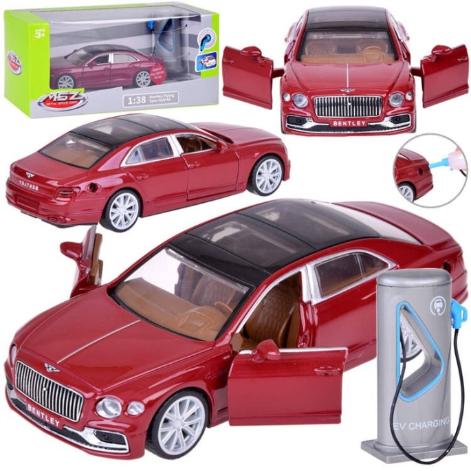 JOKO Kovový Model Elektrické Auto Bentley Flying Spur Hybrid so svetlom a zvukom + NABÍJACIA Stanica + otváracie dvere, bordové