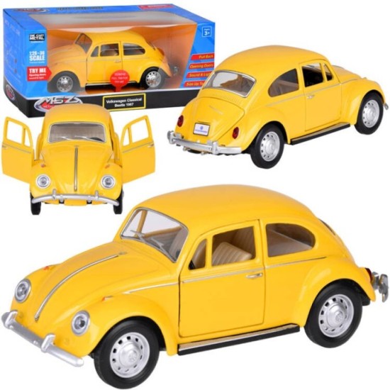 JOKO Kovové Auto Volkswagen Classical Beetle 1967 1:36 so svetlom a zvukom + otváracie dvere, žlté