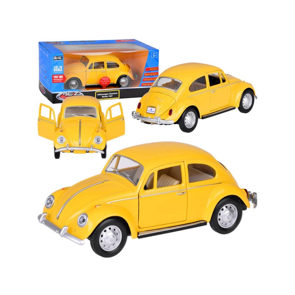JOKO Kovové Auto Volkswagen Classical Beetle 1967 1:36 so svetlom a zvukom + otváracie dvere, žlté