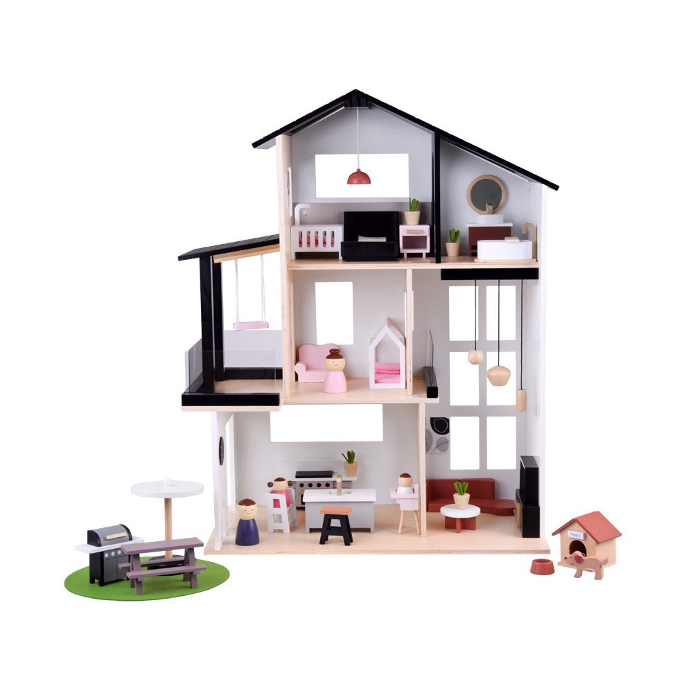 JOKO Detský Drevený Domček LOFT 80cm s nábytkom + Drevené Postavičky