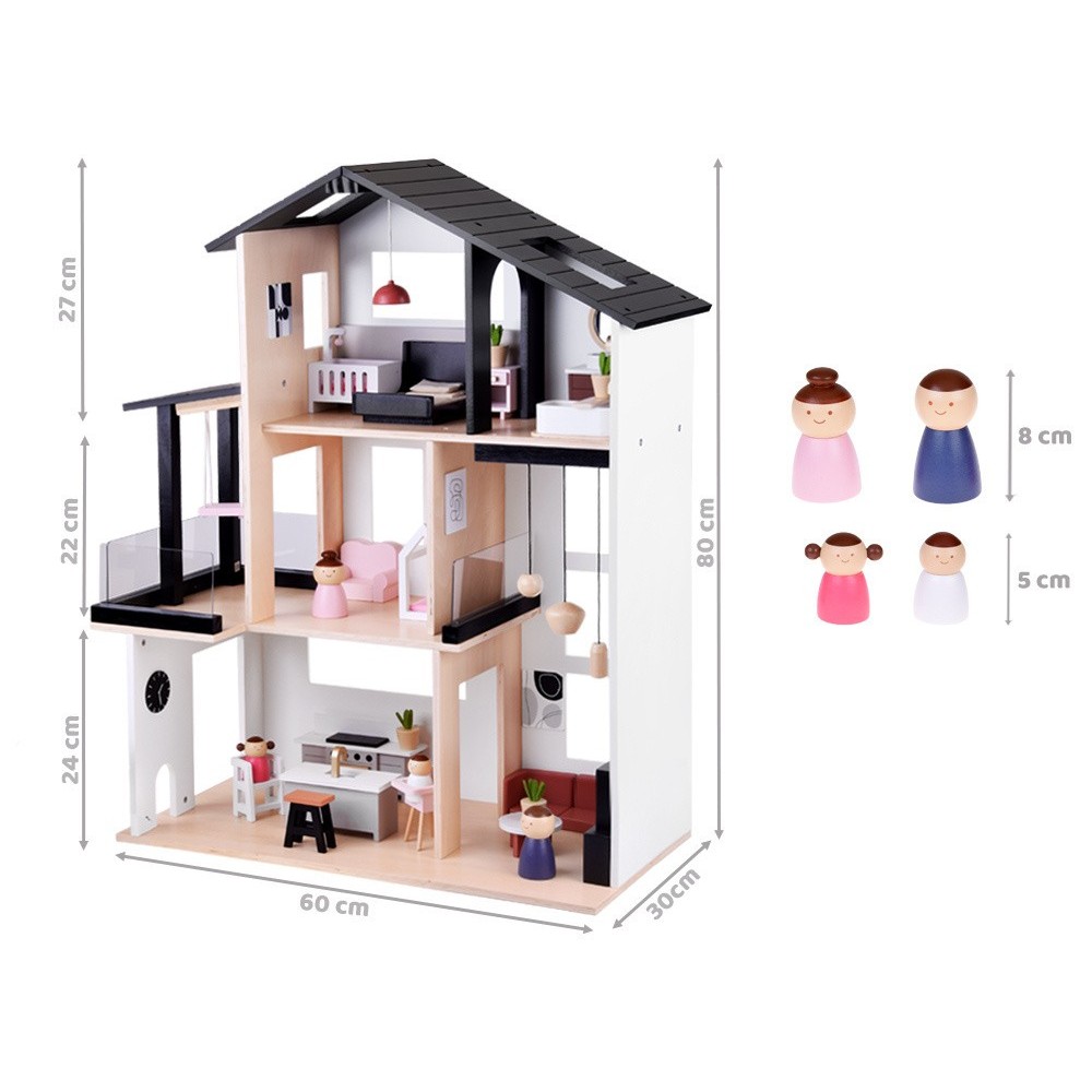 JOKO Detský Drevený Domček LOFT 80cm s nábytkom + Drevené Postavičky