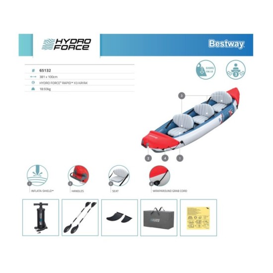 Bestway 65132 Nafukovací Kajak Rapid X3 381 x 100 cm pre 3 osoby + hliníkové veslá + batoh