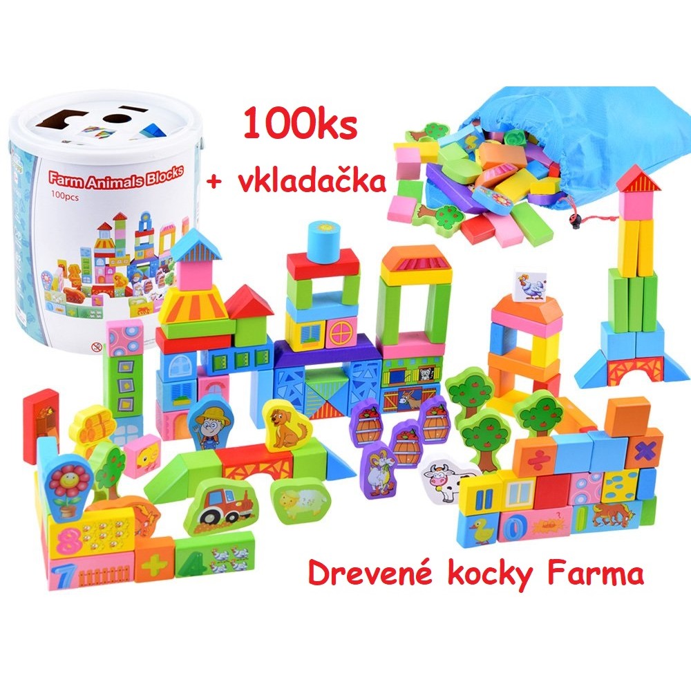 JOKO Drevené Kocky Farma so zvieratkami 100ks vo vedierku + vkladačka 