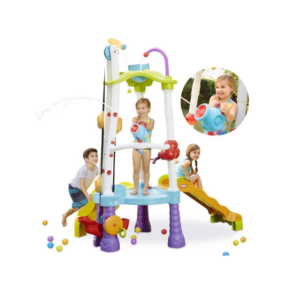 Little Tikes Veľké Detské Vodné Ihrisko Tumblin Tower so šmýkačkou, Ručným výťahom na Vodu, 2ks Vodné Delá + 25ks Loptičiek