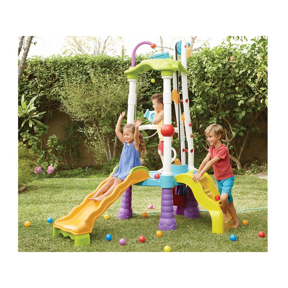 Little Tikes Veľké Detské Vodné Ihrisko Tumblin Tower so šmýkačkou, Ručným výťahom na Vodu, 2ks Vodné Delá + 25ks Loptičiek