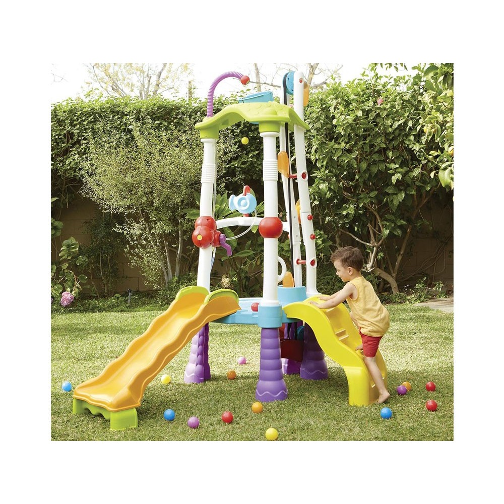 Little Tikes Veľké Detské Vodné Ihrisko Tumblin Tower so šmýkačkou, Ručným výťahom na Vodu, 2ks Vodné Delá + 25ks Loptičiek
