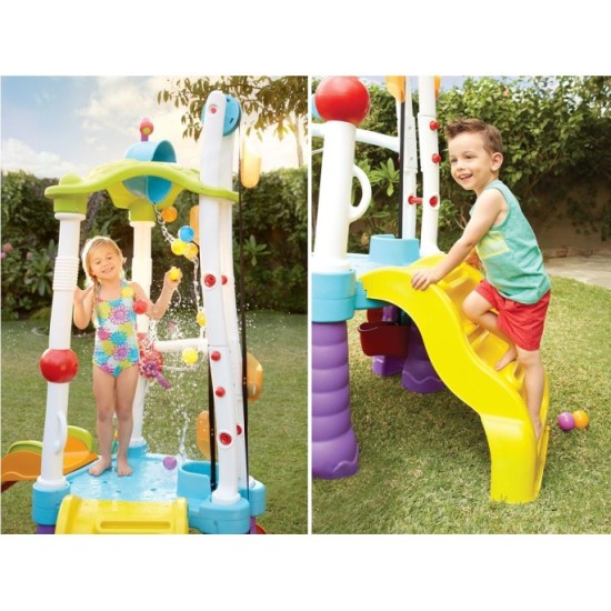 Little Tikes Veľké Detské Vodné Ihrisko Tumblin Tower so šmýkačkou, Ručným výťahom na Vodu, 2ks Vodné Delá + 25ks Loptičiek