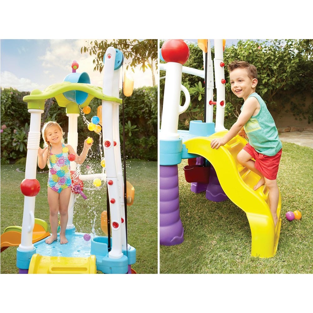 Little Tikes Veľké Detské Vodné Ihrisko Tumblin Tower so šmýkačkou, Ručným výťahom na Vodu, 2ks Vodné Delá + 25ks Loptičiek