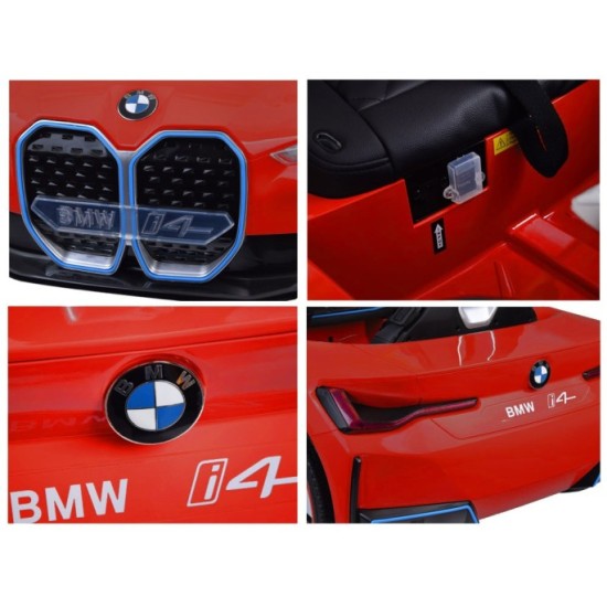 JOKO Elektrické autíčko BMW i4, penové kolesá, kožené sedadlo, červené