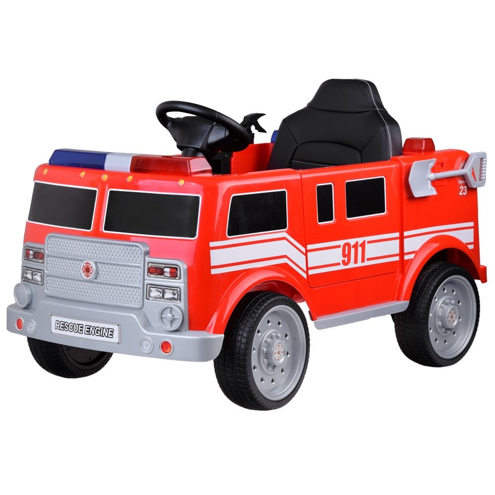 JOKO Elektrické Autíčko Hasičské Auto so svetlom a zvukom, penové kolesá, kožené sedadlo, Hasičská Striekačka na vodu, Megafón,