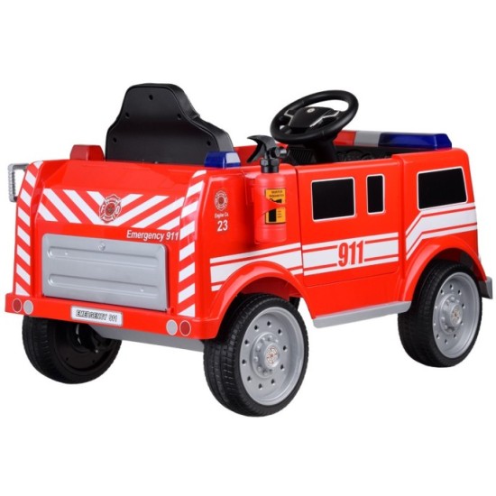 JOKO Elektrické Autíčko Hasičské Auto so svetlom a zvukom, penové kolesá, kožené sedadlo, Hasičská Striekačka na vodu, Megafón,