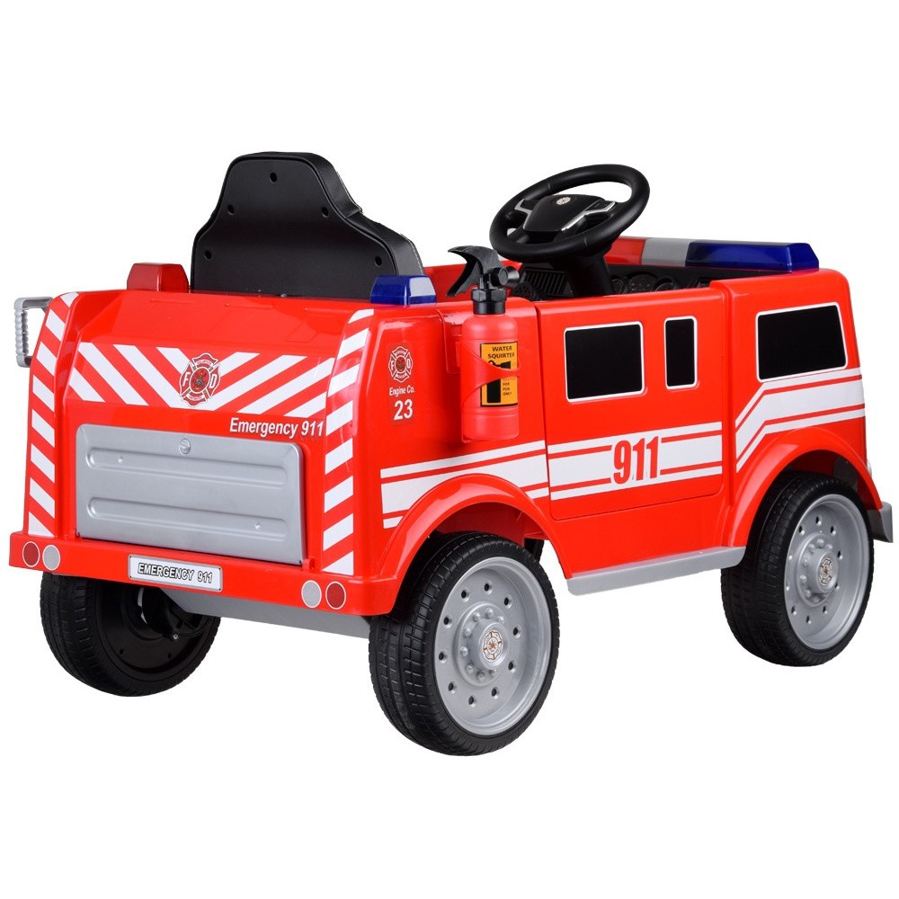 JOKO Elektrické Autíčko Hasičské Auto so svetlom a zvukom, penové kolesá, kožené sedadlo, Hasičská Striekačka na vodu, Megafón,