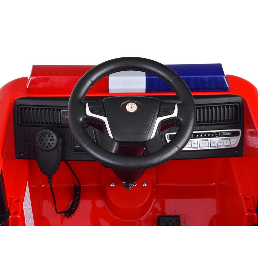 JOKO Elektrické Autíčko Hasičské Auto so svetlom a zvukom, penové kolesá, kožené sedadlo, Hasičská Striekačka na vodu, Megafón,