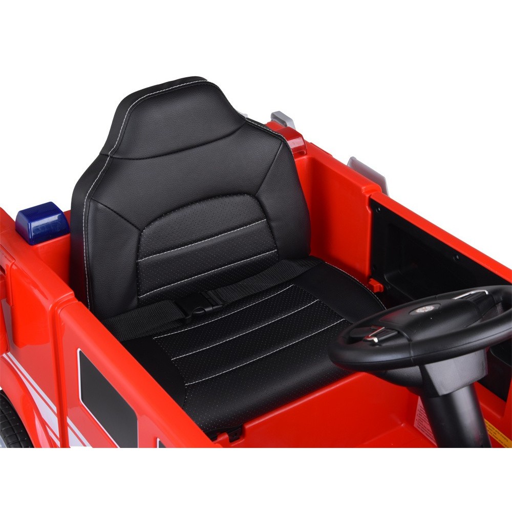 JOKO Elektrické Autíčko Hasičské Auto so svetlom a zvukom, penové kolesá, kožené sedadlo, Hasičská Striekačka na vodu, Megafón,