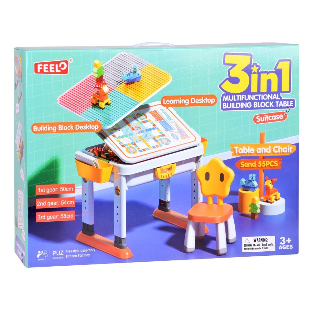 JOKO Multifunkčný Stôl 3v1, Stôl na skladanie kociek, jedenie, učenie + stolička + Box na hračky + Kocky