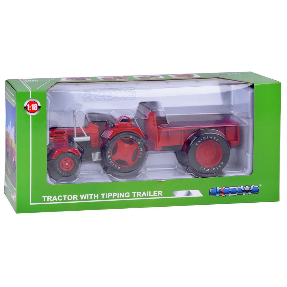 JOKO Kovový Traktor s Vlečkou 1:18, červený