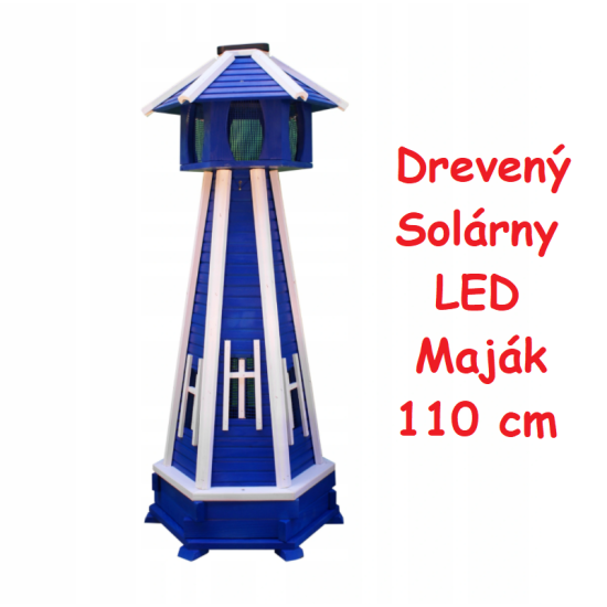 MKSTOR Dekoratívny Solárny drevený maják s LED svetlom do záhrady 110cm, modrý