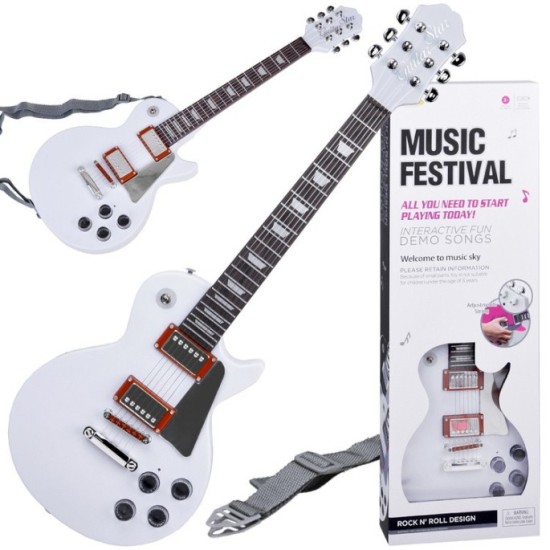 JOKO Detská Elektrická Gitara s kovovými strunami 69cm + popruh a melódie, biela