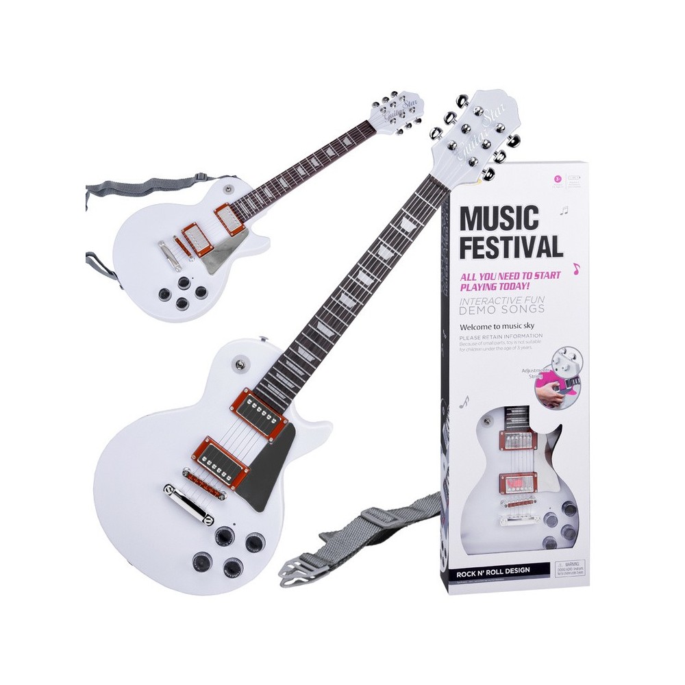 JOKO Detská Elektrická Gitara s kovovými strunami 69cm + popruh a melódie, biela