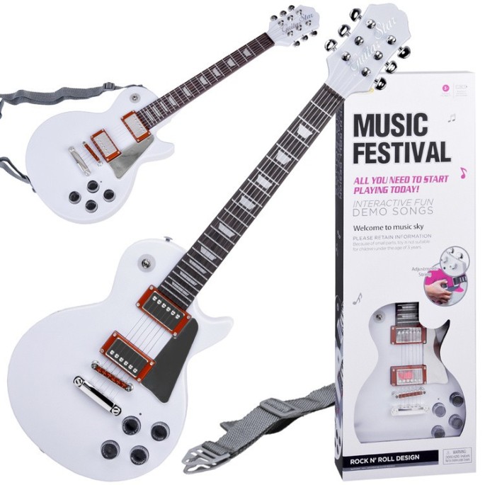 JOKO Detská Elektrická Gitara s kovovými strunami 69cm + popruh a melódie, biela