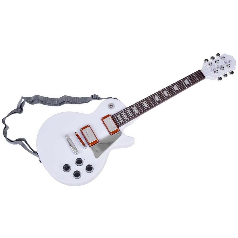 JOKO Detská Elektrická Gitara s kovovými strunami 69cm + popruh a melódie, biela