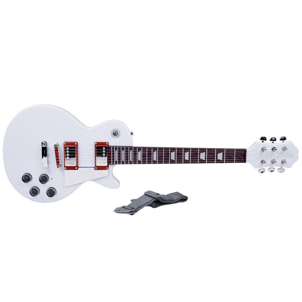 JOKO Detská Elektrická Gitara s kovovými strunami 69cm + popruh a melódie, biela