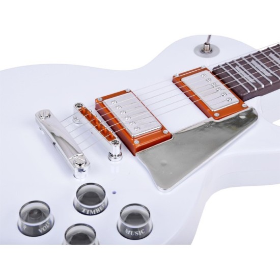 JOKO Detská Elektrická Gitara s kovovými strunami 69cm + popruh a melódie, biela