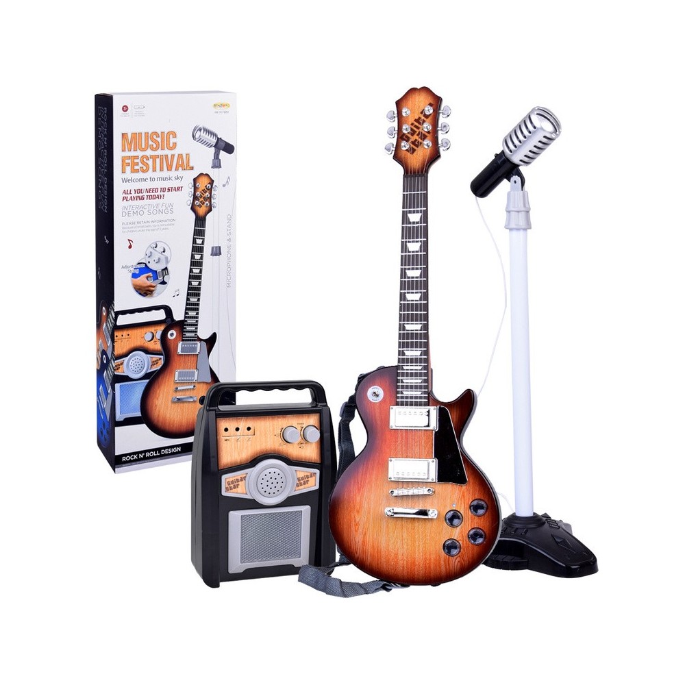 JOKO Detská Elektrická Gitara s Kombom so Svetlom, mikrofón na stojane, imitácia dreva, hnedá
