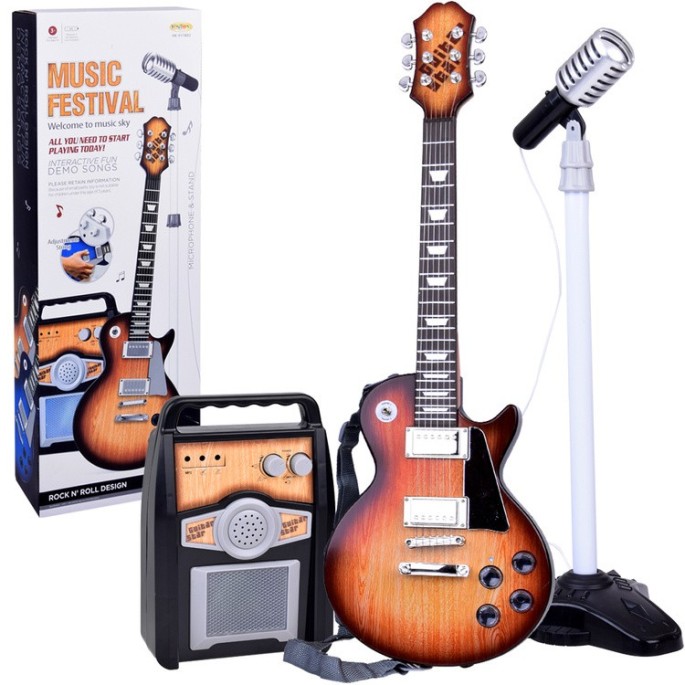 JOKO Detská Elektrická Gitara s Kombom so Svetlom, mikrofón na stojane, imitácia dreva, hnedá