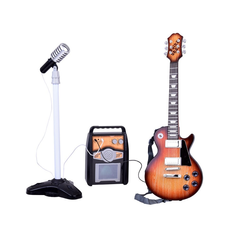 JOKO Detská Elektrická Gitara s Kombom so Svetlom, mikrofón na stojane, imitácia dreva, hnedá
