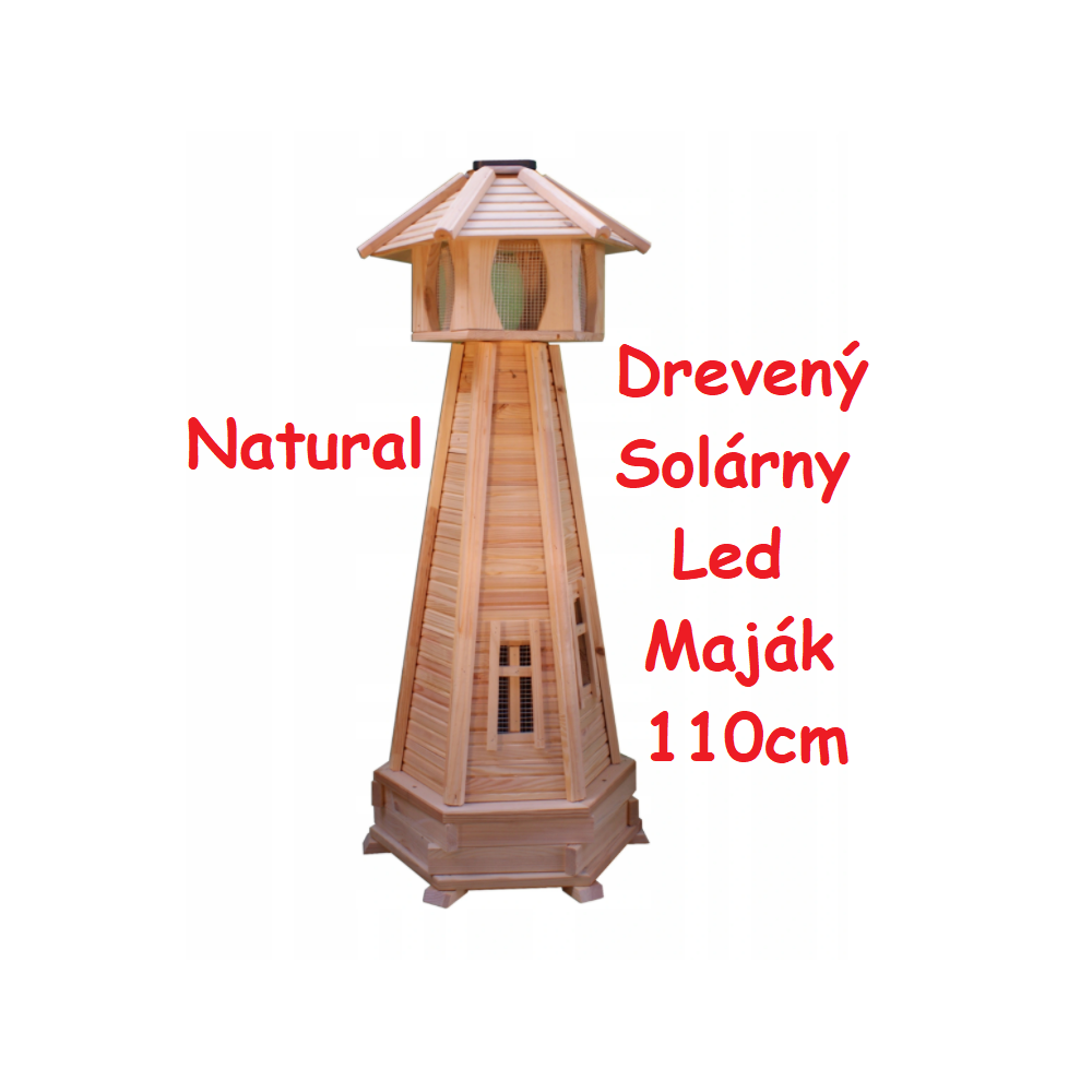 MKSTOR Dekoratívny Solárny drevený maják s LED svetlom do záhrady 110cm, Natural/ Nelakovaný
