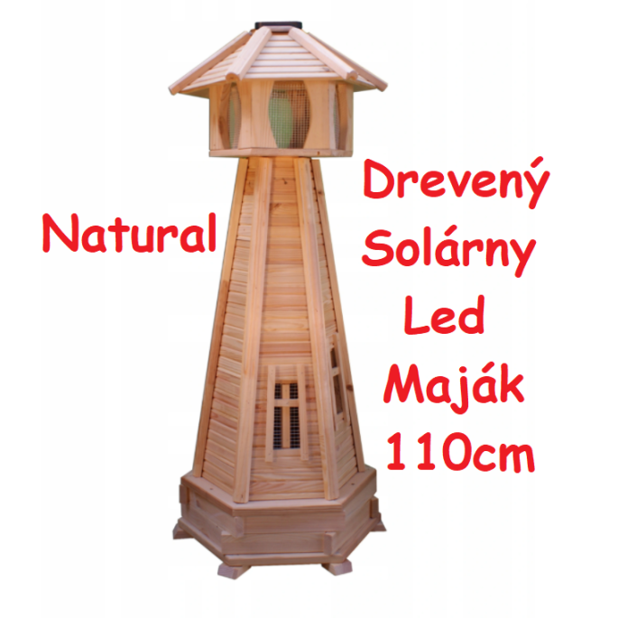 MKSTOR Dekoratívny Solárny drevený maják s LED svetlom do záhrady 110cm, Natural/ Nelakovaný