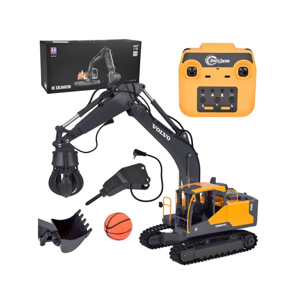 Double Eagle RC Bager Volvo s vymeniteľnými hrotmi 3v1, pneumatické kladivo, bager s drapákom + lopta + svetlo + zvuk 1:16