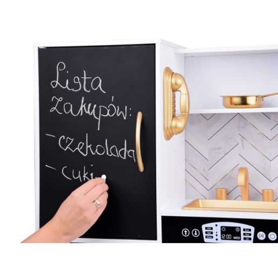JOKO Veľká Drevená Kuchynka so svetlom, zvukom 82cm + Tabuľa a 12 kriedy + Dotykové LED svetlo, biela
