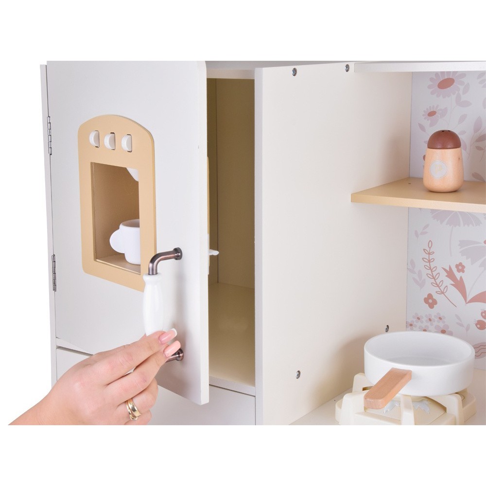 JOKO Veľká Drevená Kuchynka s Tečúcou Vodou, Tabuľou,  svetlom a zvukom 90cm, krémová hnedá