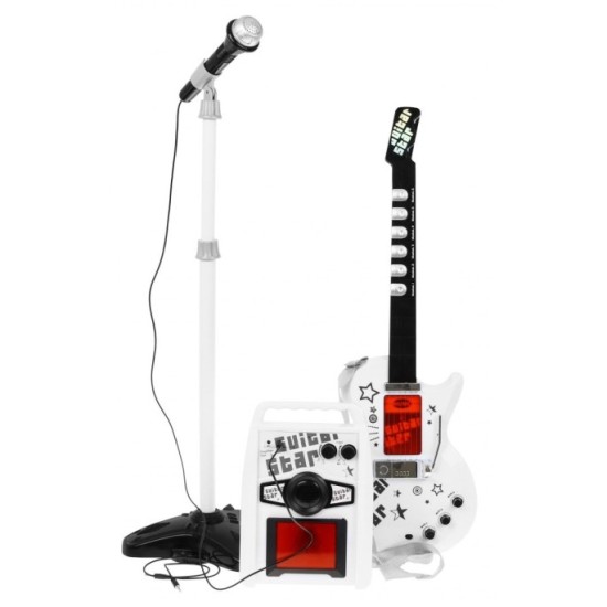 JOKO Elektrická gitara + mikrofón + statív + kombo sada 3v1, biela