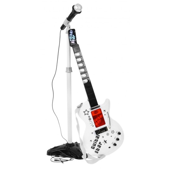 JOKO Elektrická gitara + mikrofón + statív + kombo sada 3v1, biela
