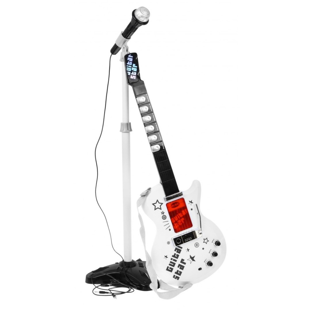 JOKO Elektrická gitara + mikrofón + statív + kombo sada 3v1, biela