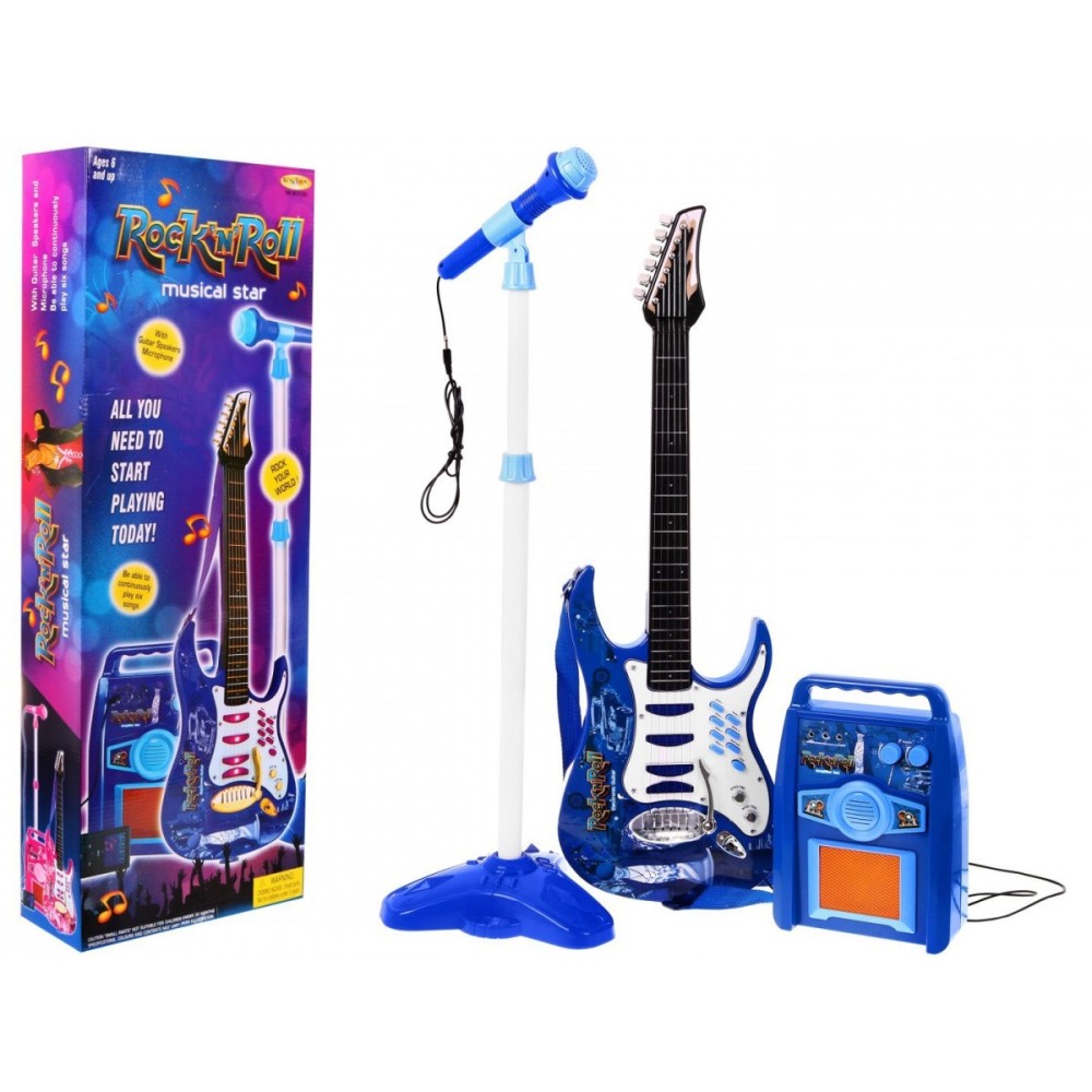 JOKO Sada Elektrická Gitara s Kombom a mikrofónom + nastaviteľný stojan, modrá