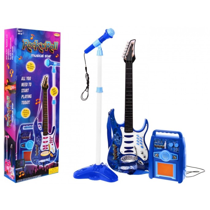 JOKO Sada Elektrická Gitara s Kombom a mikrofónom + nastaviteľný stojan, modrá