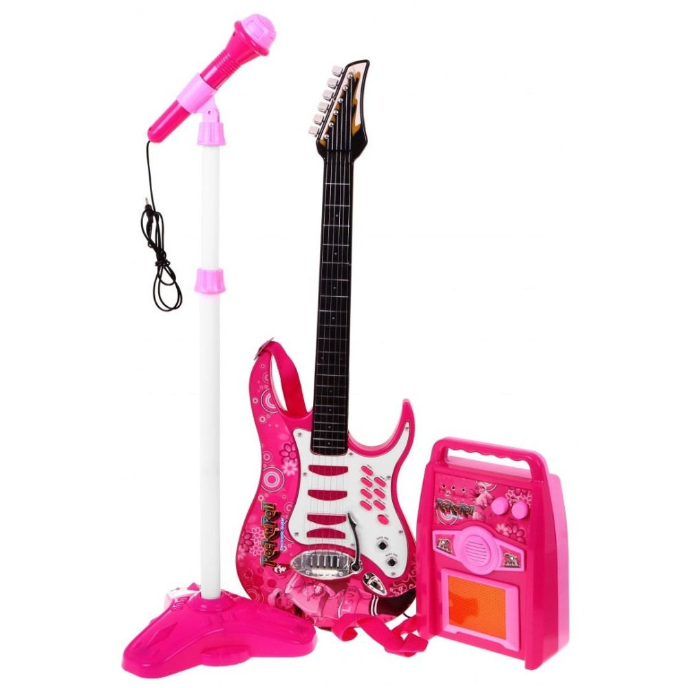 JOKO Sada Elektrická Gitara s Kombom a mikrofónom + nastaviteľný stojan, ružová