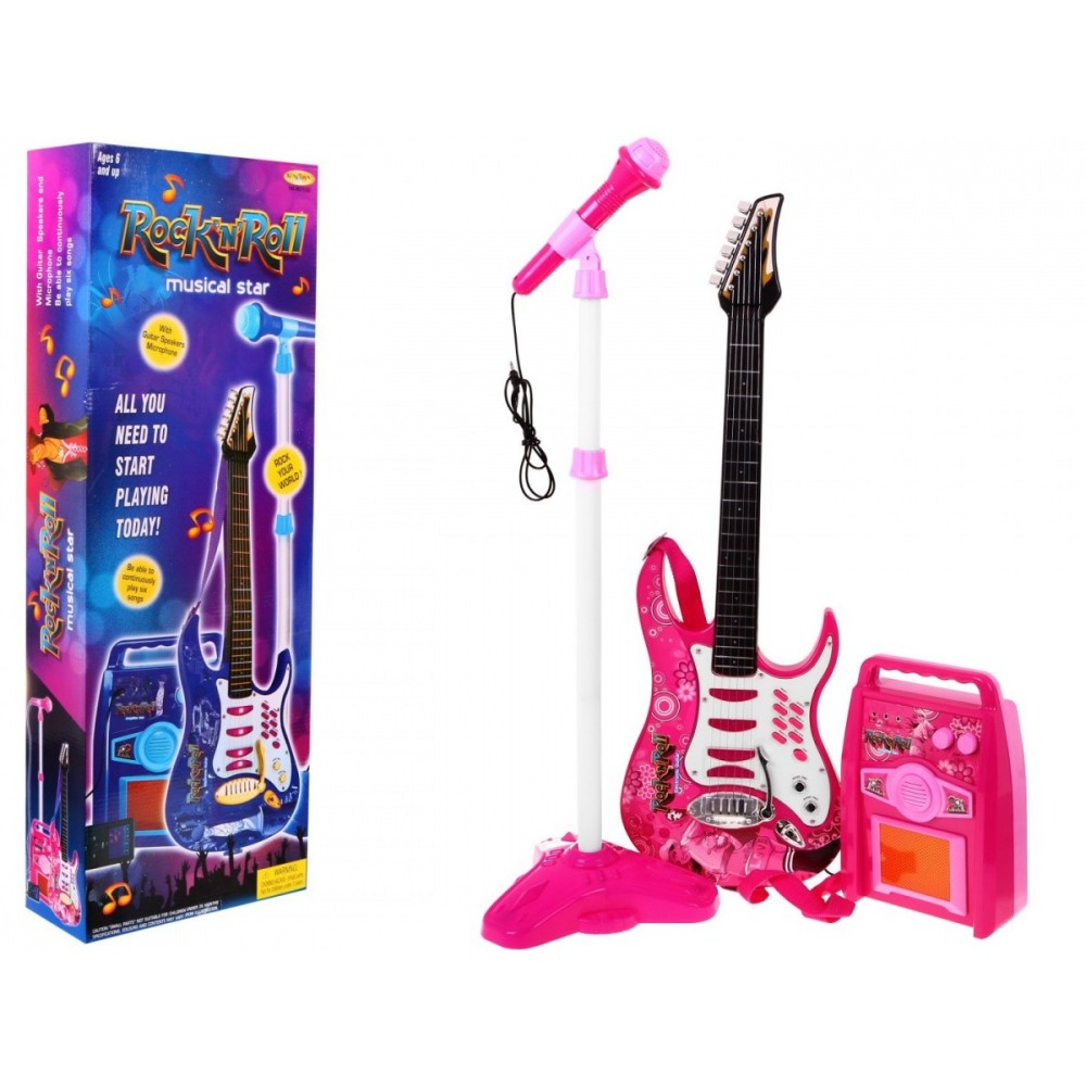 JOKO Sada Elektrická Gitara s Kombom a mikrofónom + nastaviteľný stojan, ružová