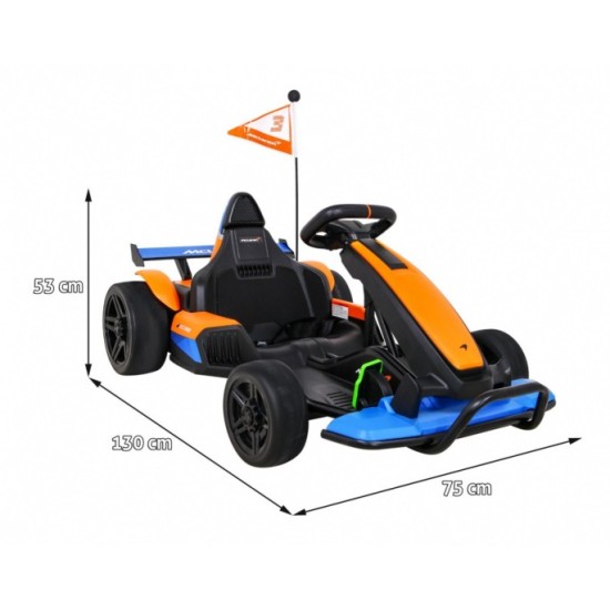 JOKO Elektrická Formula, motokára McLaren Drift, nosnosť 60kg, 2x150W, 24V, penové kolesá, oranžovo-modrá