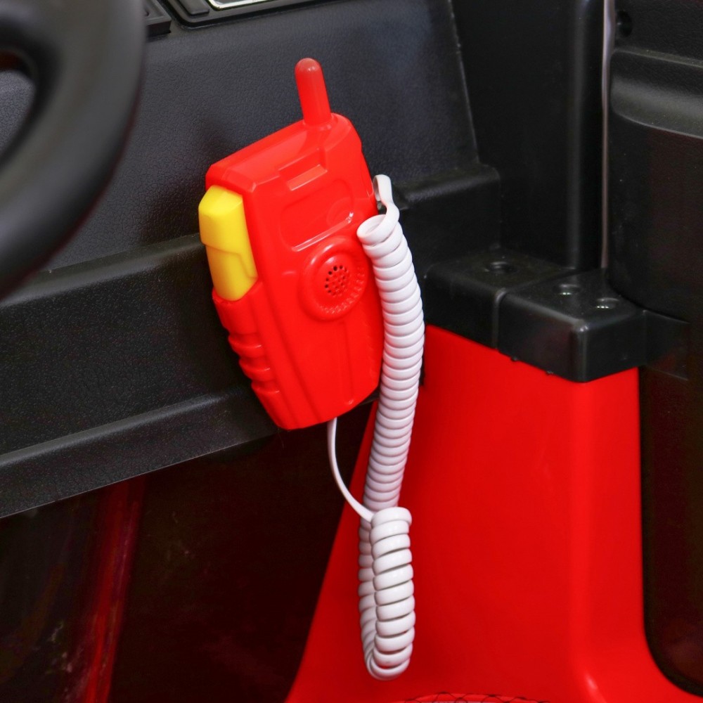 JOKO Elektrické autíčko Hasičské auto, penové kolesá, Dvojmiestne Kožené sedadlo, diaľkové ovládanie + Megafón, striekacia pišto