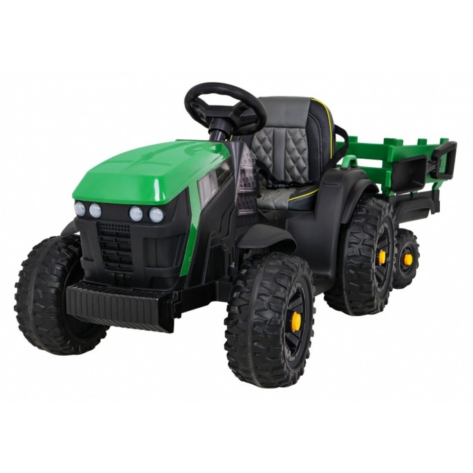 JOKO Elektrický Traktor s vlečkou, diaľkové ovládanie, penové kolesá, kožené sedadlo, Lopatka, zelený