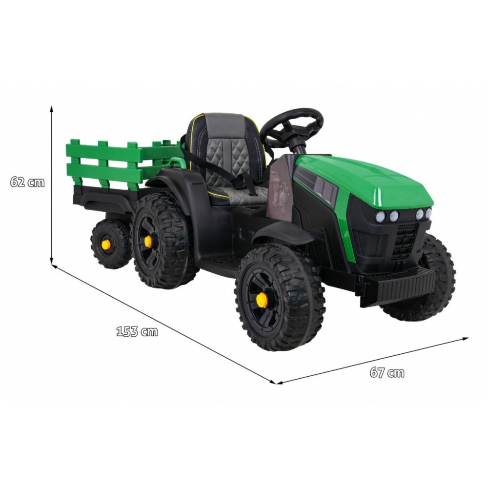 JOKO Elektrický Traktor s vlečkou, diaľkové ovládanie, penové kolesá, kožené sedadlo, Lopatka, zelený