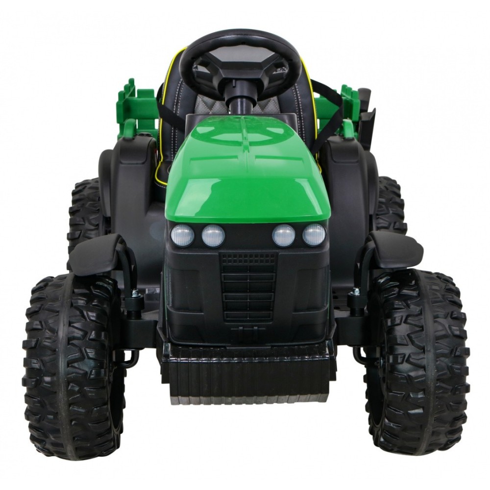 JOKO Elektrický Traktor s vlečkou, diaľkové ovládanie, penové kolesá, kožené sedadlo, Lopatka, zelený