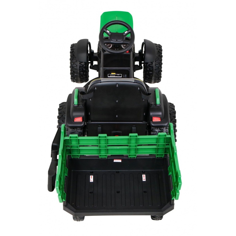 JOKO Elektrický Traktor s vlečkou, diaľkové ovládanie, penové kolesá, kožené sedadlo, Lopatka, zelený