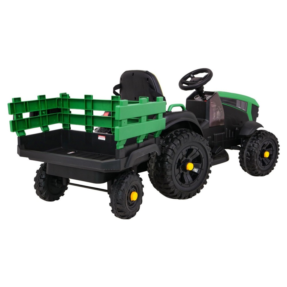 JOKO Elektrický Traktor s vlečkou, diaľkové ovládanie, penové kolesá, kožené sedadlo, Lopatka, zelený