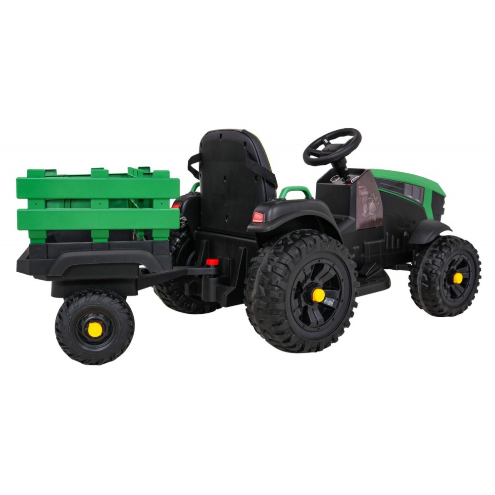 JOKO Elektrický Traktor s vlečkou, diaľkové ovládanie, penové kolesá, kožené sedadlo, Lopatka, zelený